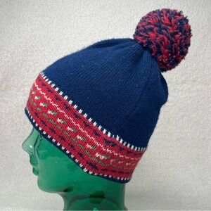 Vintage Stowe Woolens 100% Wool Pom Beanie Winter Hat-Navy Blue/Red-Unisex Adult